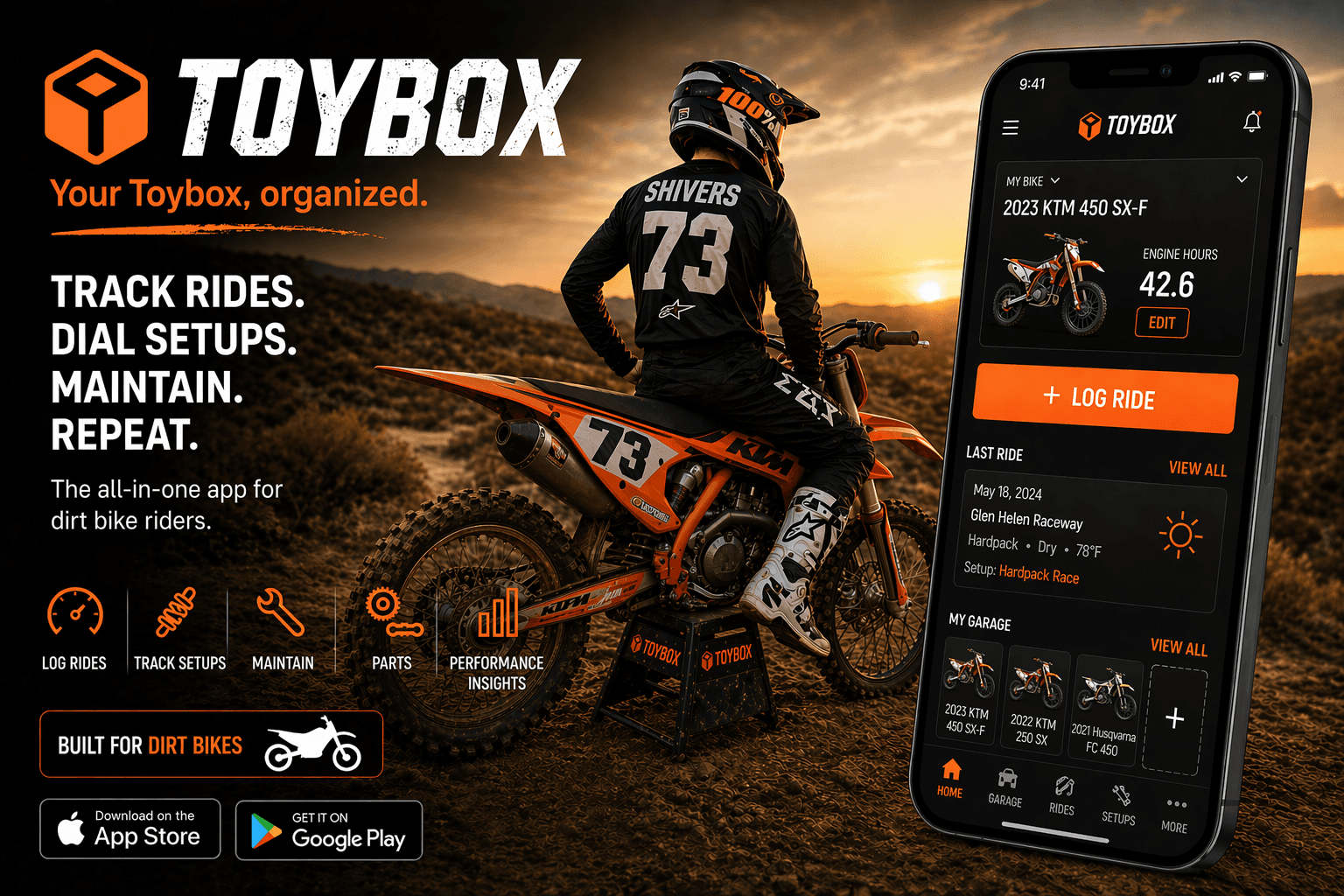 Toybox — your garage, organized. Track rides, dial setups, maintain, repeat.